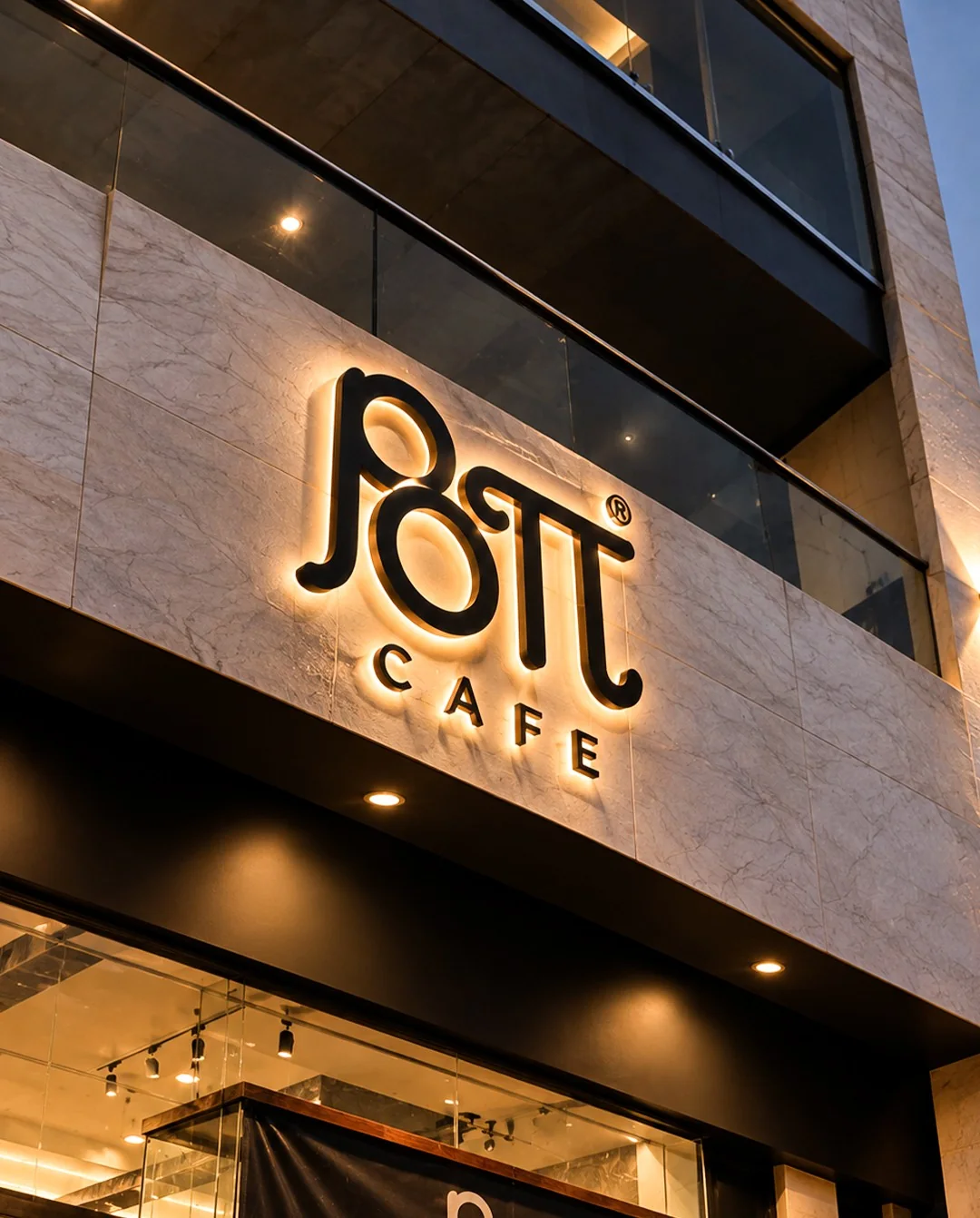The Popeye Coffee storefront at night, with the lit logo above the entrance